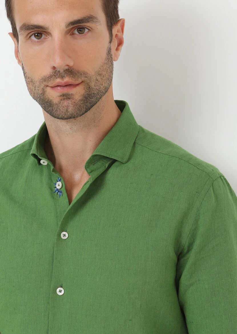 Green Plain Regular Fit Weaving Casual Cotton Blended Shirt - 4