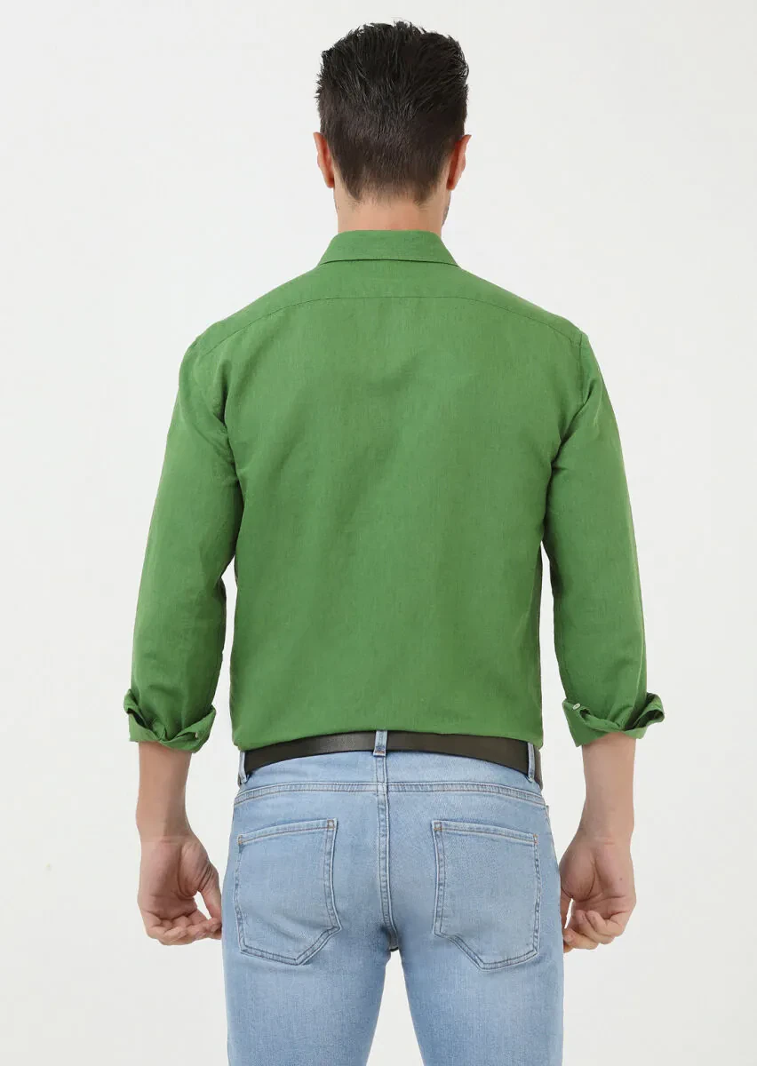 Green Plain Regular Fit Weaving Casual Cotton Blended Shirt - 5