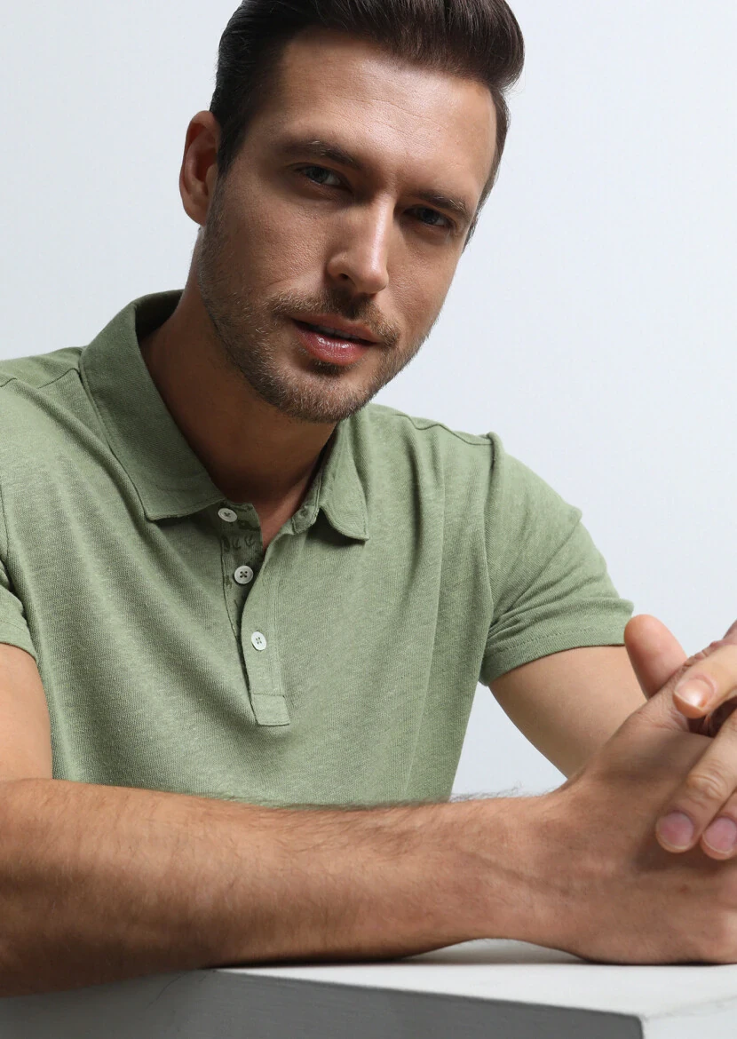 Green Printed Polo Neck Cotton Blended T-Shirt - 1