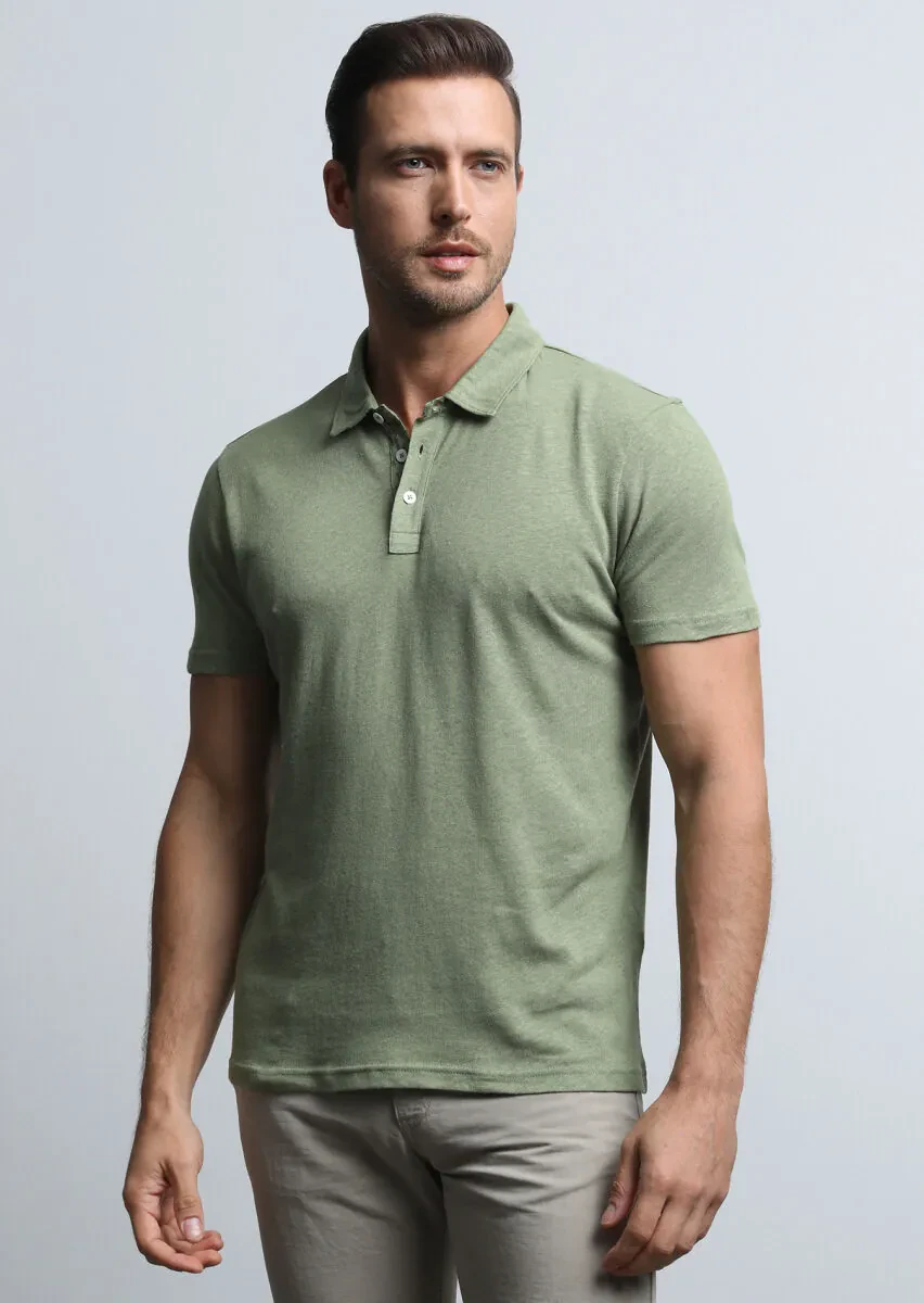 Green Printed Polo Neck Cotton Blended T-Shirt - 3