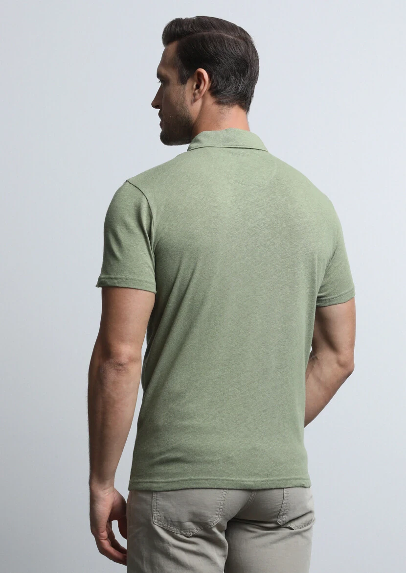 Green Printed Polo Neck Cotton Blended T-Shirt - 5