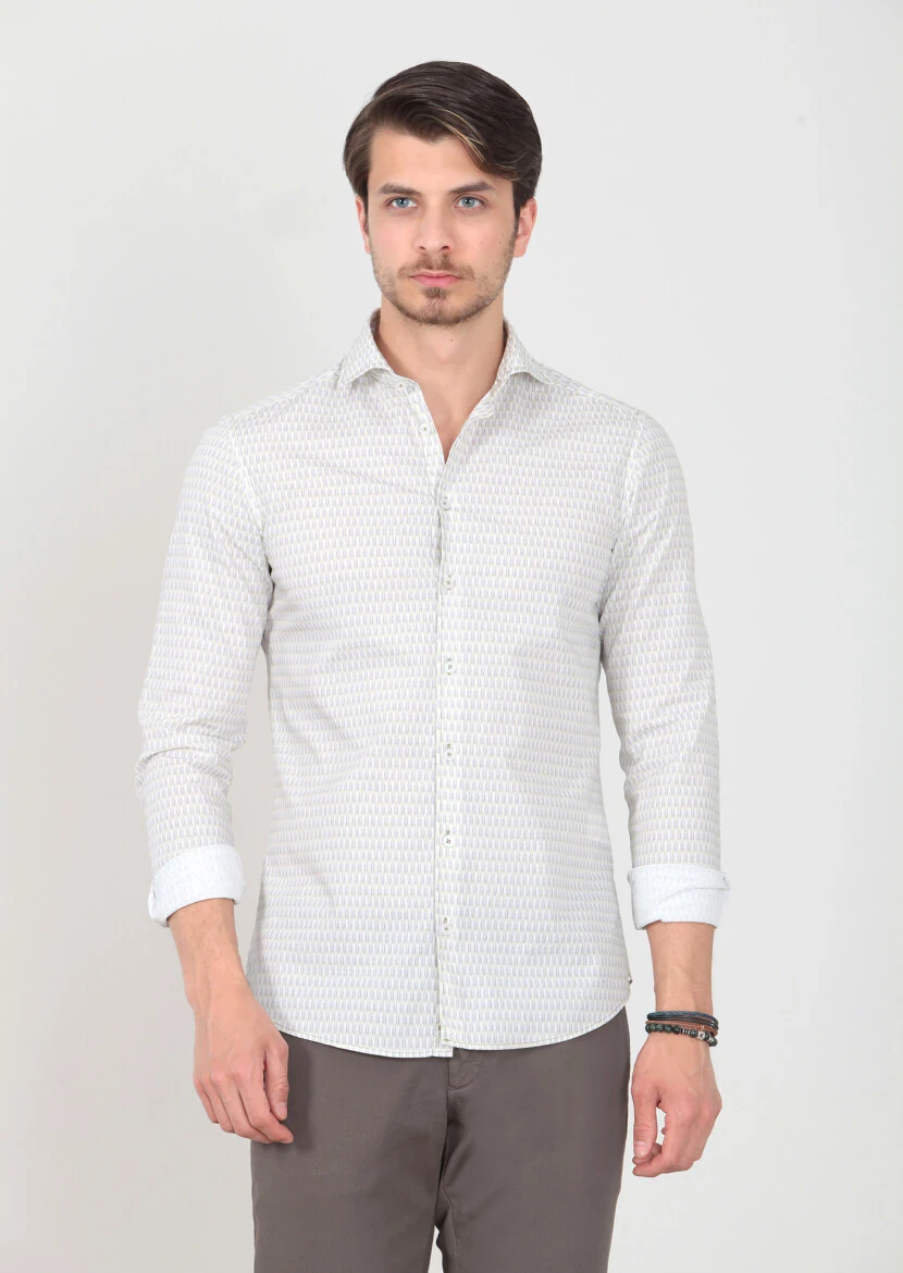 Green Printed Slim Fit Weaving Casual 100% Cotton Shirt 