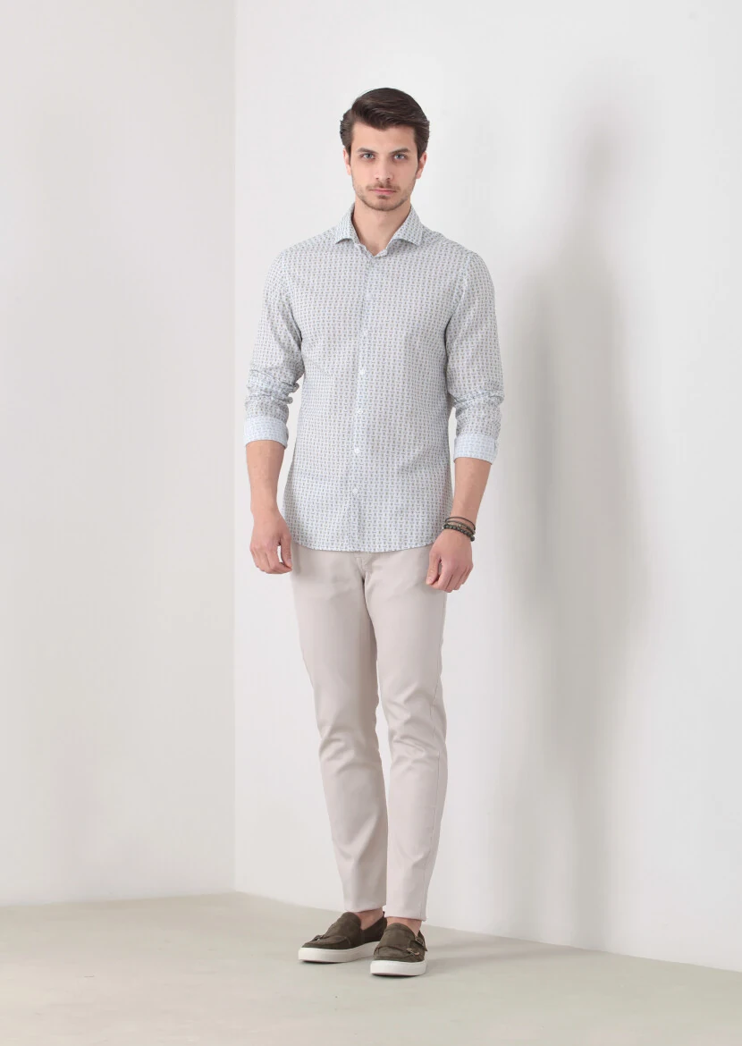 Green Printed Slim Fit Weaving Casual 100% Cotton Shirt 