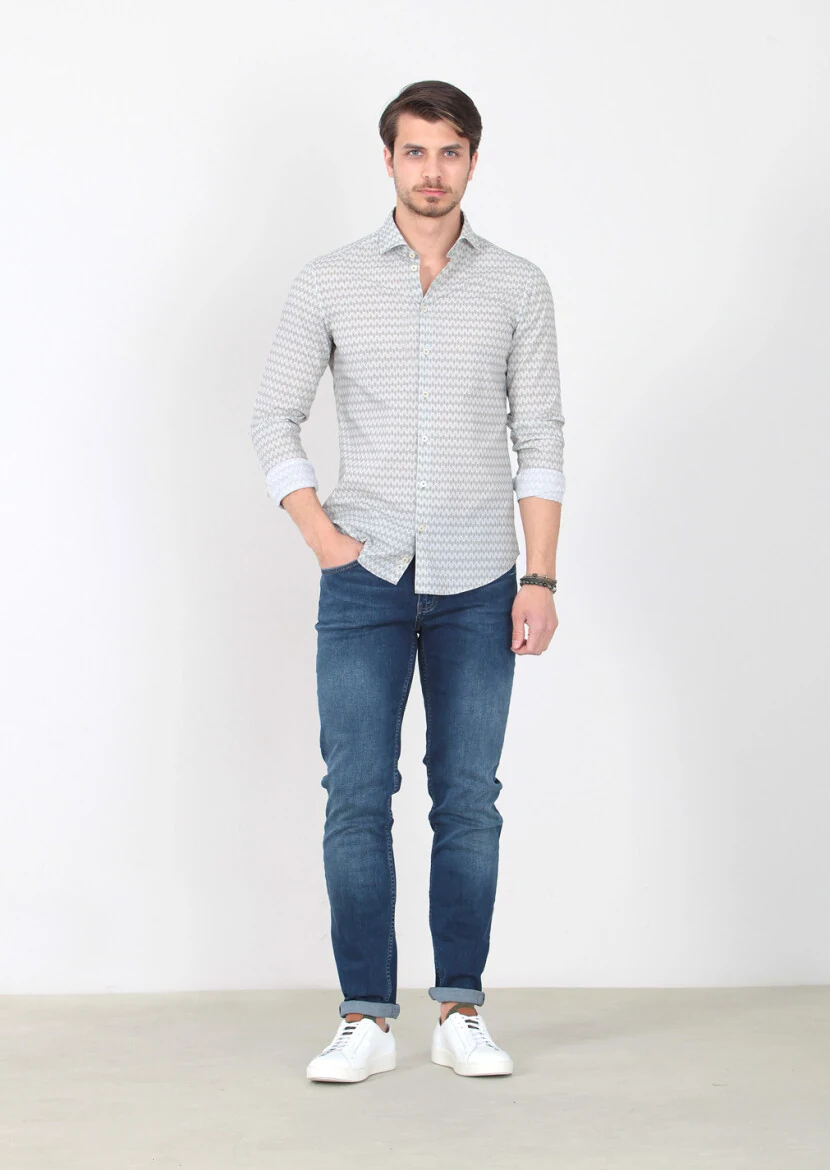 Green Printed Slim Fit Weaving Casual 100% Cotton Shirt - 3