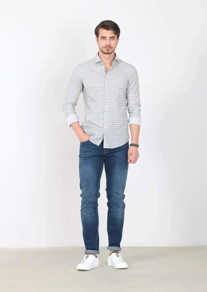 Green Printed Slim Fit Weaving Casual 100% Cotton Shirt - 3