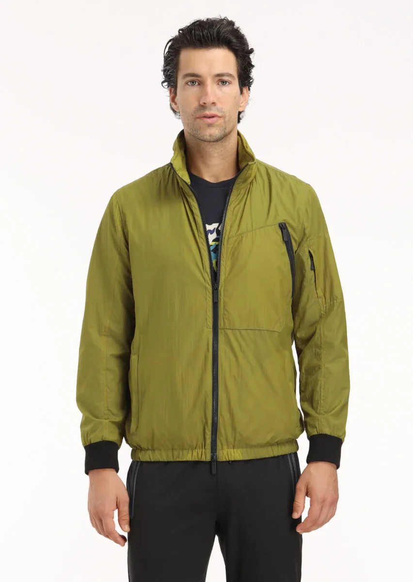 Green Regular Fit Turtleneck Denim Weaving Removable Hood Coat - 2