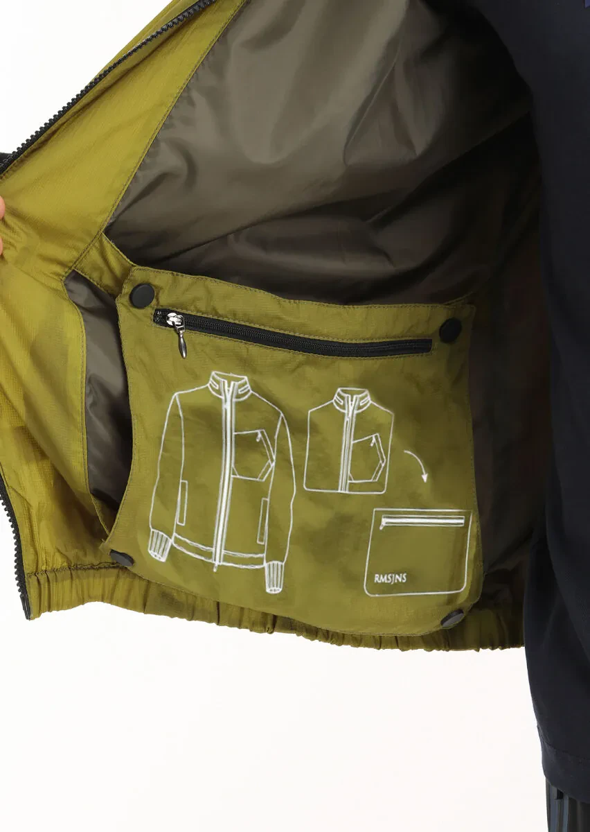 Green Regular Fit Turtleneck Denim Weaving Removable Hood Coat - 5