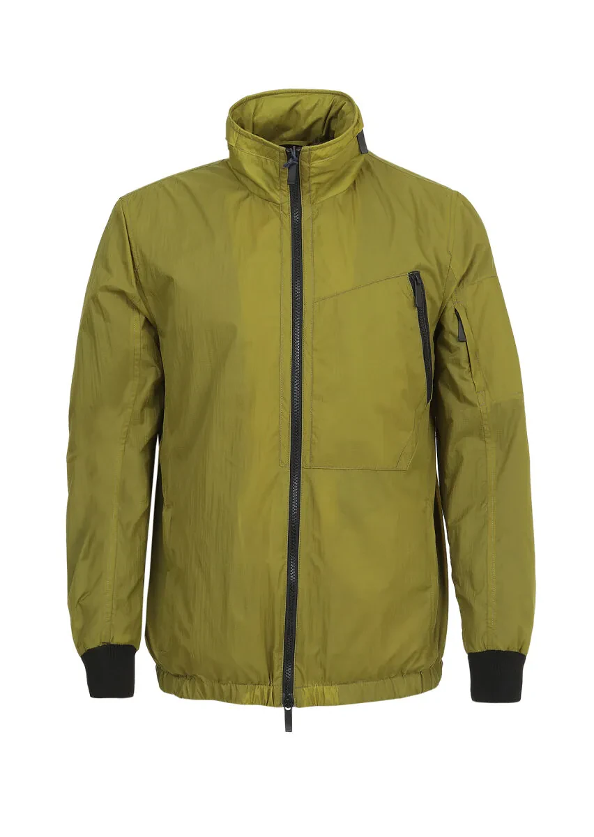 Green Regular Fit Turtleneck Denim Weaving Removable Hood Coat - 8