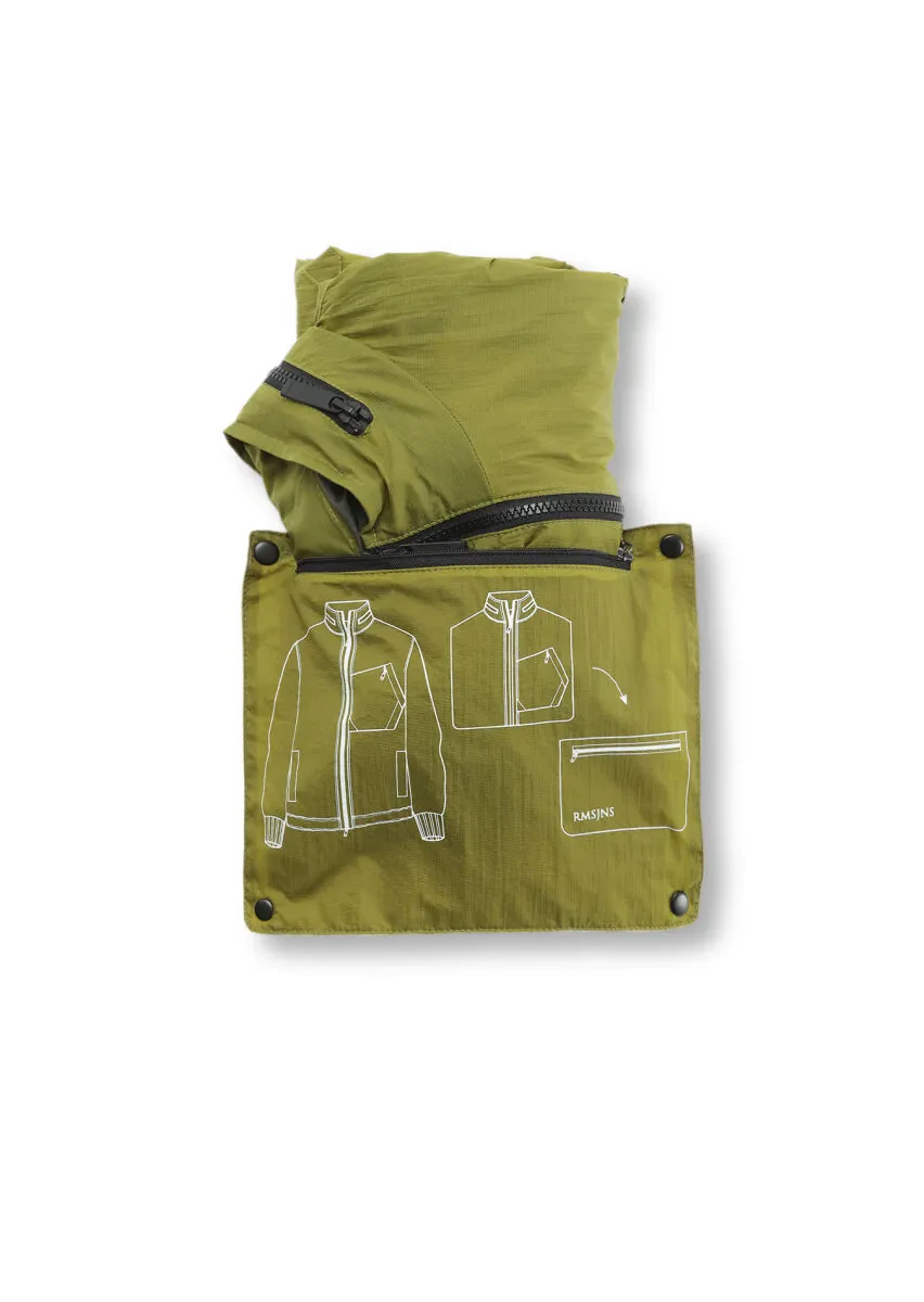 Green Regular Fit Turtleneck Denim Weaving Removable Hood Coat - 12