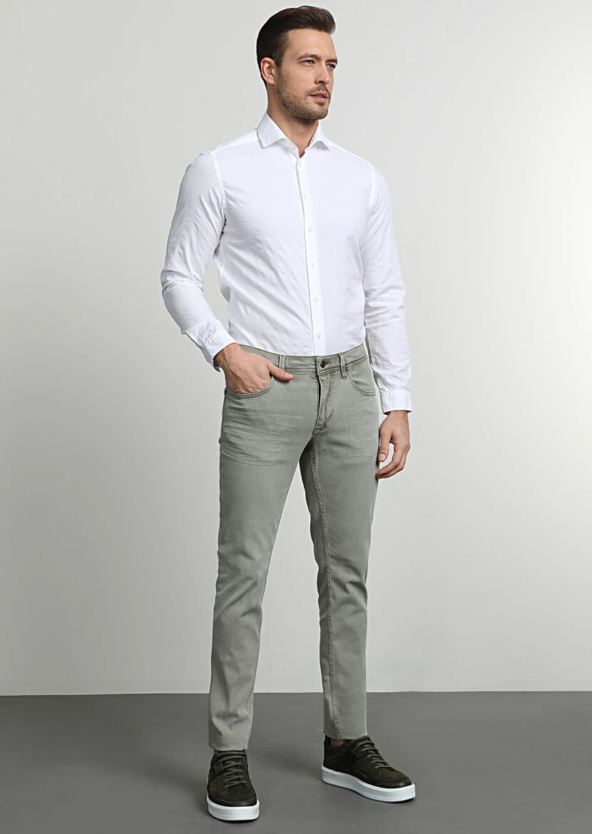 Green Slim Fit Denim Cotton Blended Trousers - 3