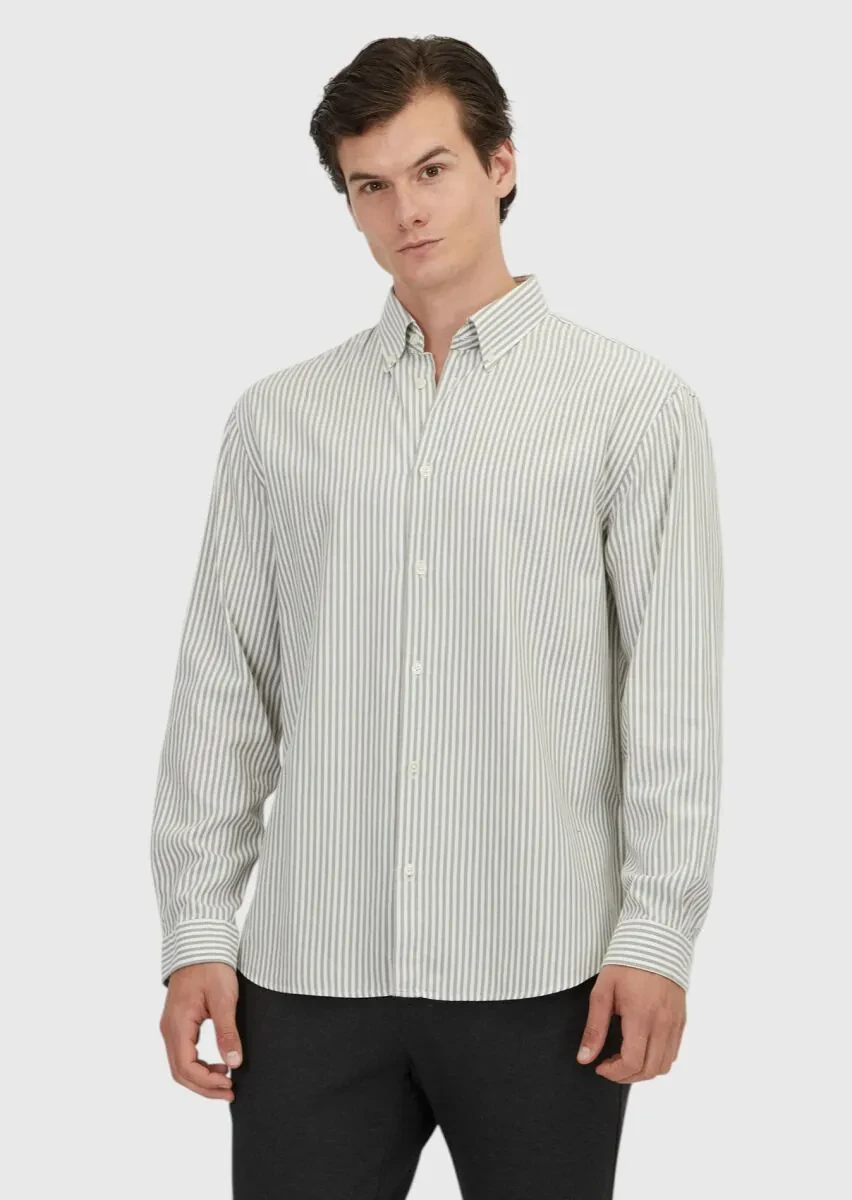 Green Striped Loose Fit Weaving Casual Cotton Blended Shirt - 1