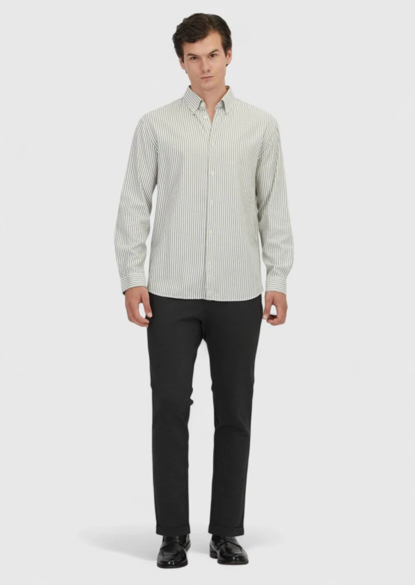 Green Striped Loose Fit Weaving Casual Cotton Blended Shirt - RAMSEY