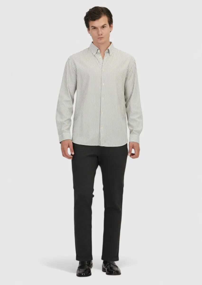 Green Striped Loose Fit Weaving Casual Cotton Blended Shirt - 2