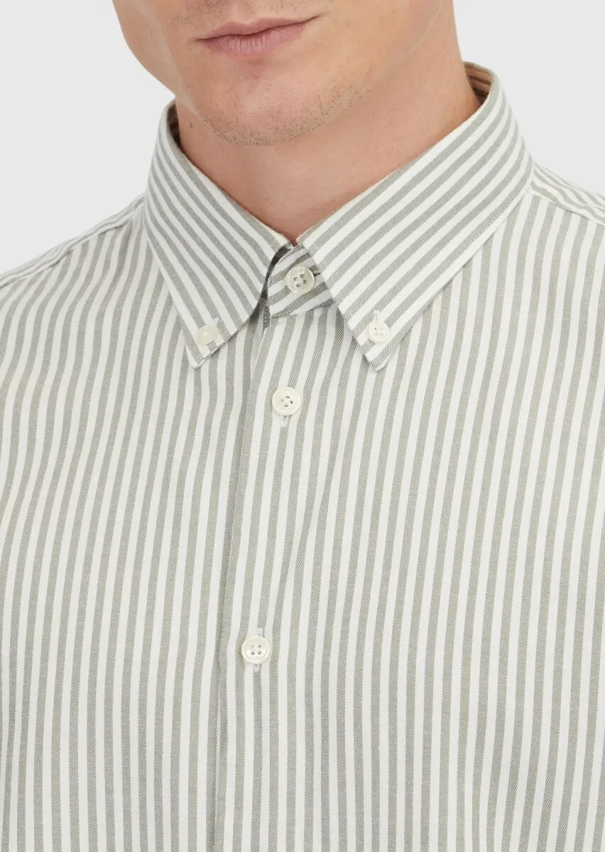 Green Striped Loose Fit Weaving Casual Cotton Blended Shirt - 3