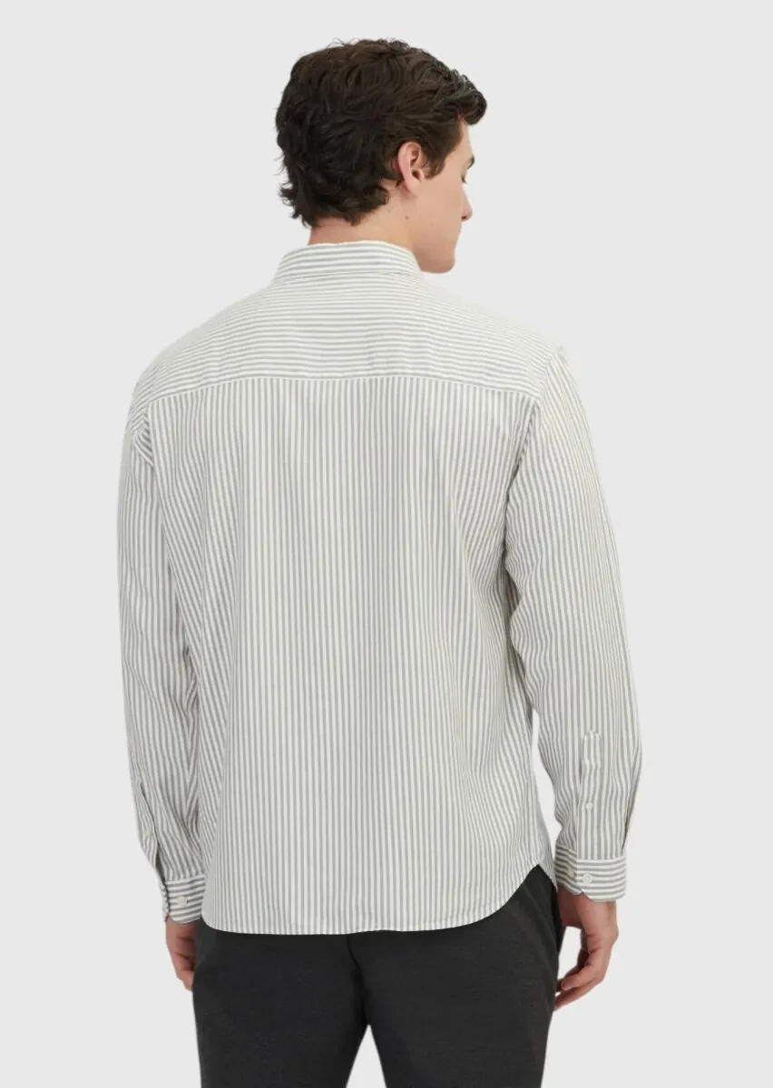 Green Striped Loose Fit Weaving Casual Cotton Blended Shirt - 5