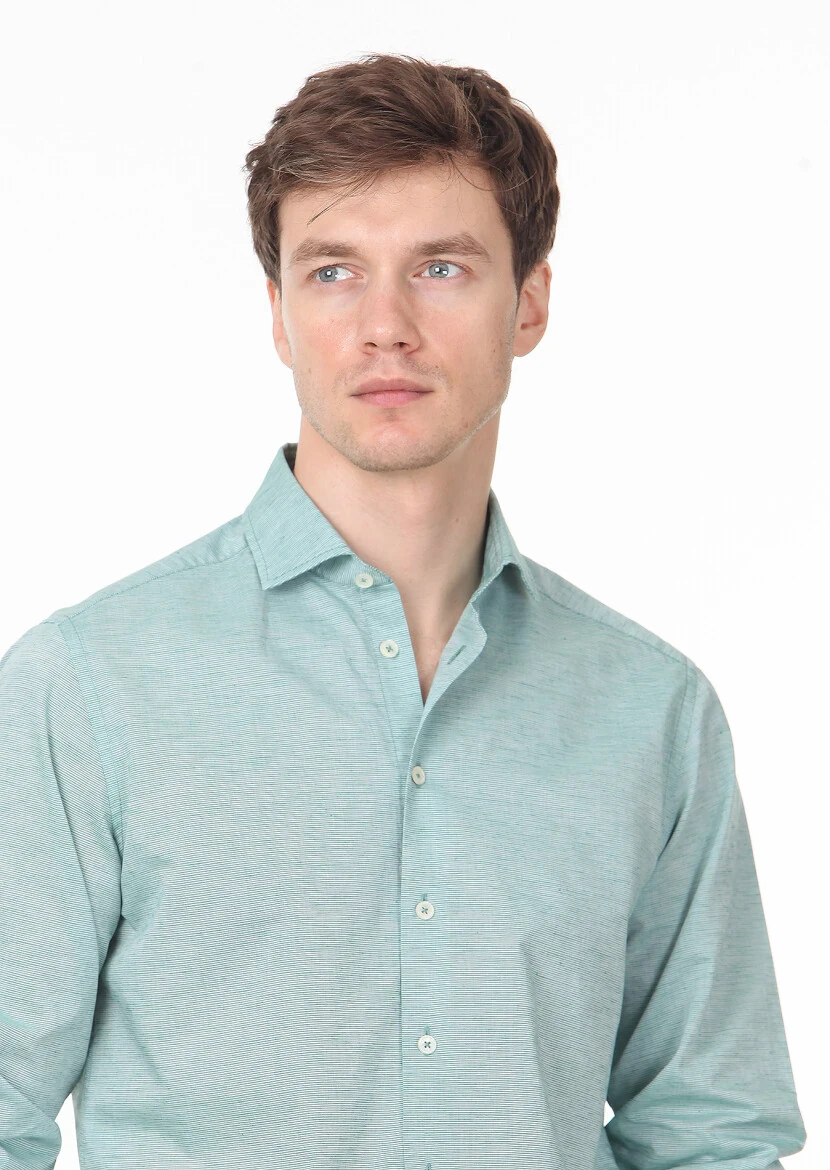 Green Striped Regular Fit Weaving Casual 100% Cotton Shirt - 2