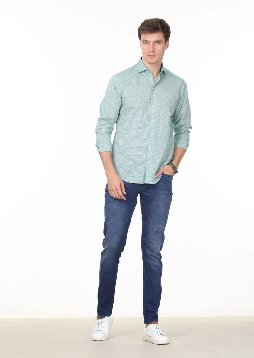 Green Striped Regular Fit Weaving Casual 100% Cotton Shirt - 3