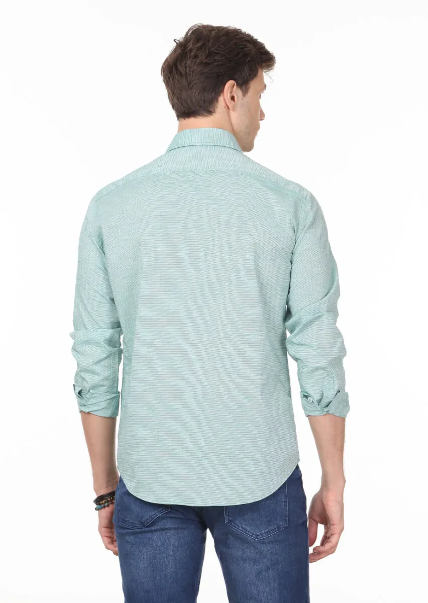 Green Striped Regular Fit Weaving Casual 100% Cotton Shirt - 4