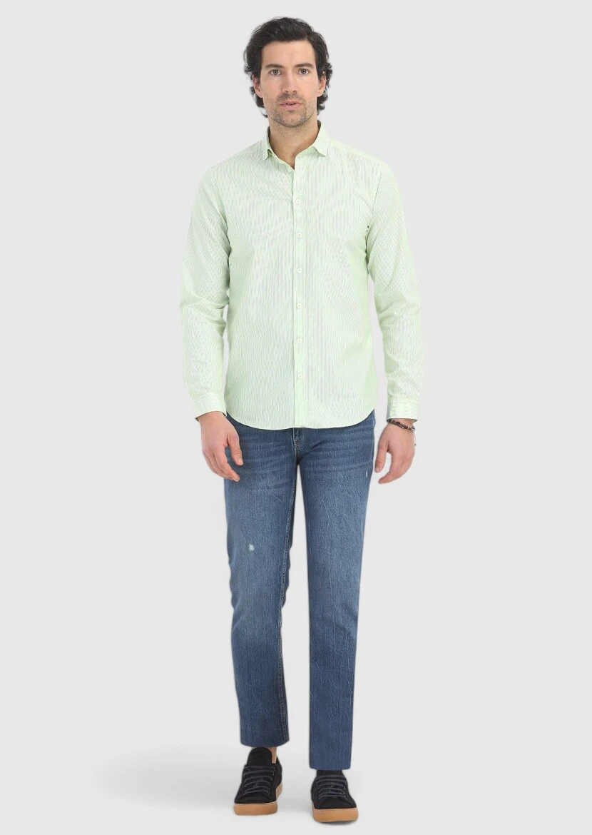 Green Striped Regular Fit Weaving Casual 100% Cotton Shirt - 1