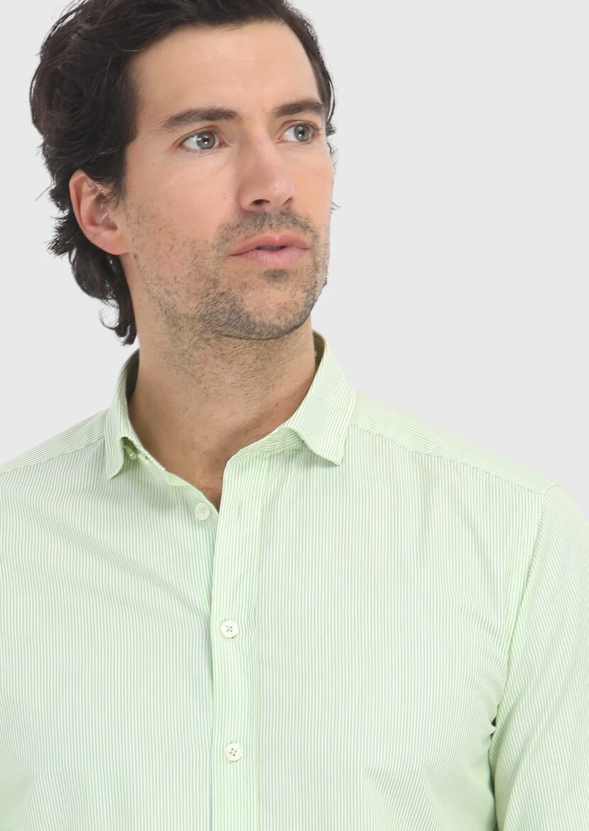 Green Striped Regular Fit Weaving Casual 100% Cotton Shirt - 3