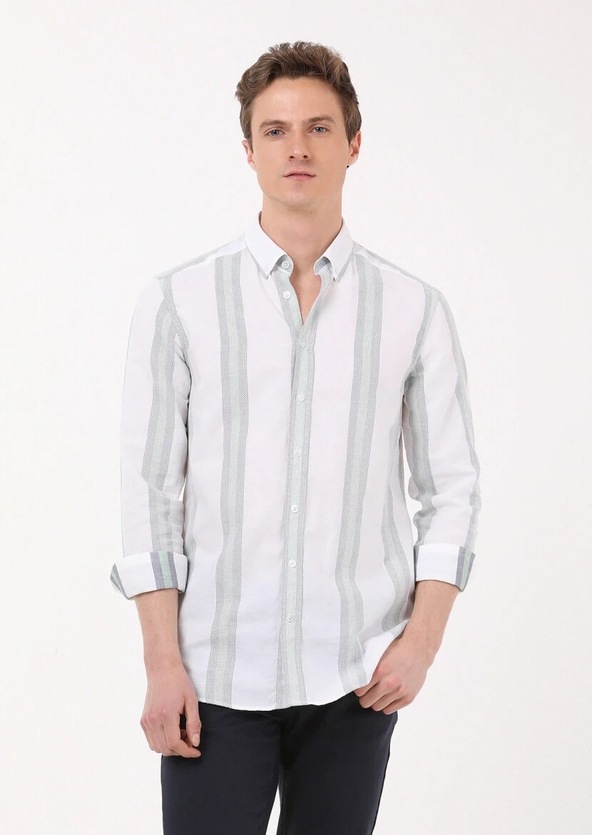 Green Striped Regular Fit Weaving Casual 100% Cotton Shirt - 1