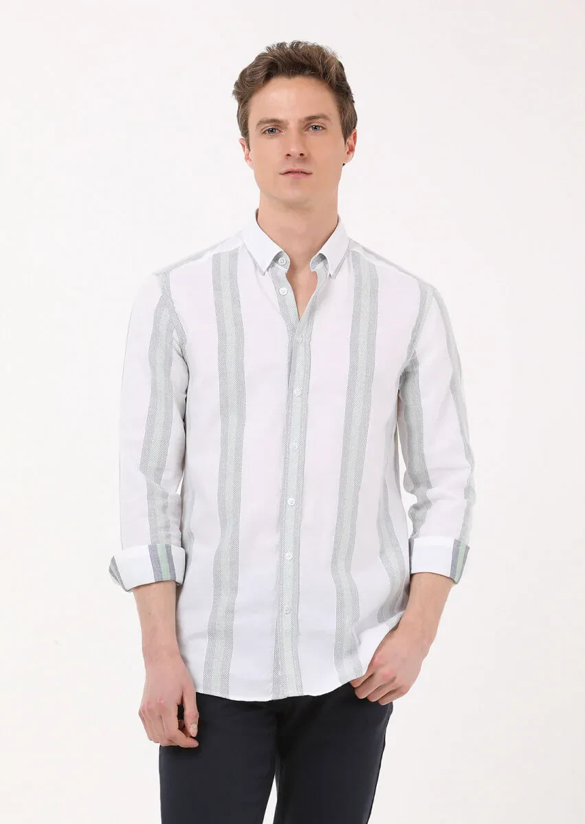 Green Striped Regular Fit Weaving Casual 100% Cotton Shirt - 1