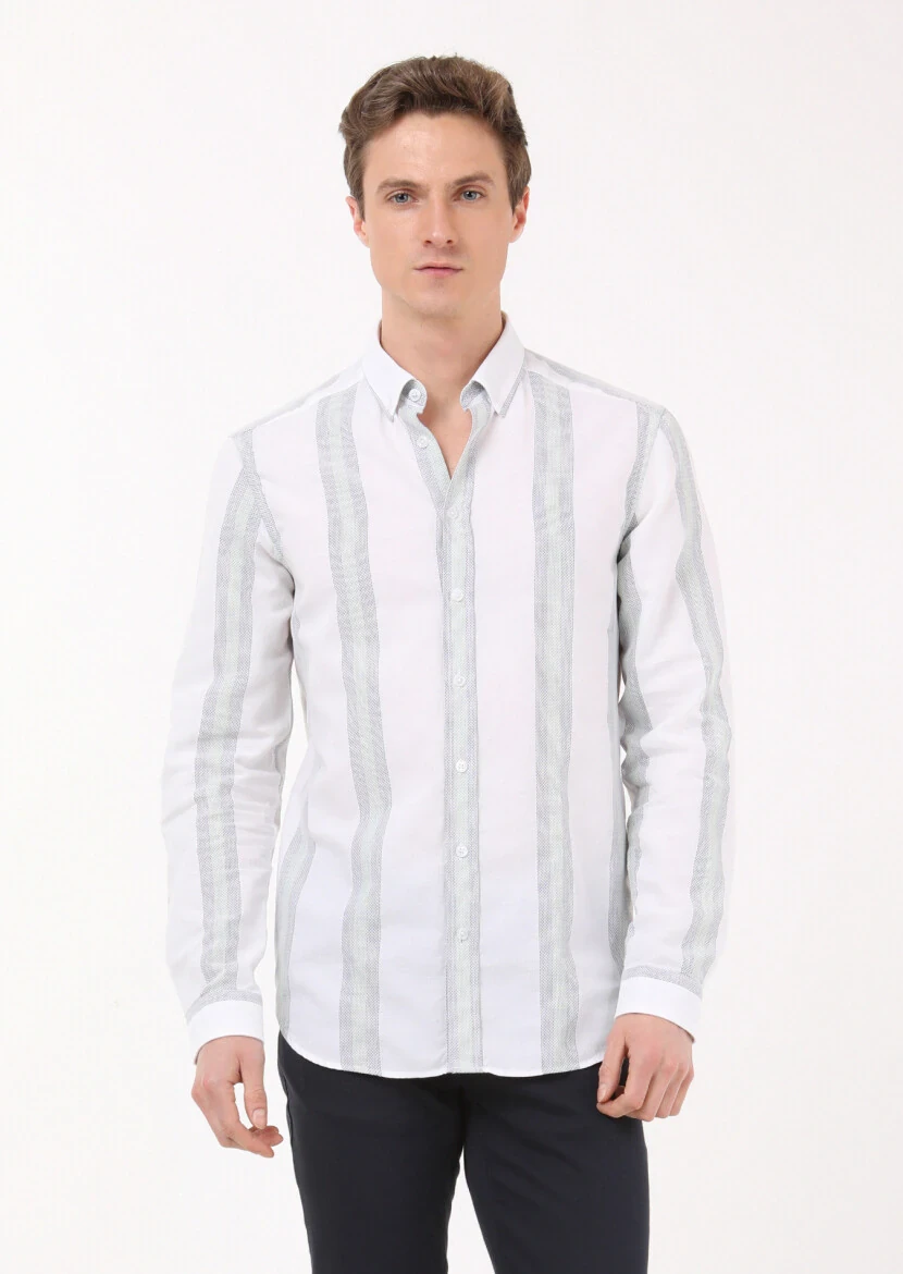 Green Striped Regular Fit Weaving Casual 100% Cotton Shirt - 2
