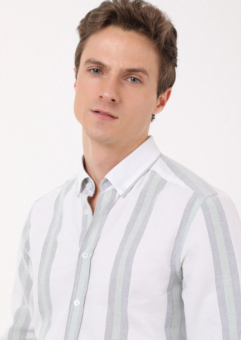 Green Striped Regular Fit Weaving Casual 100% Cotton Shirt - 3