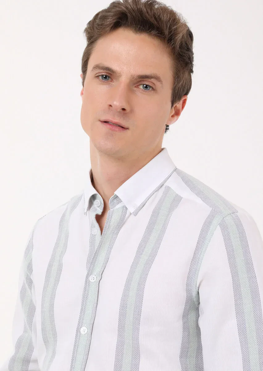 Green Striped Regular Fit Weaving Casual 100% Cotton Shirt - 3