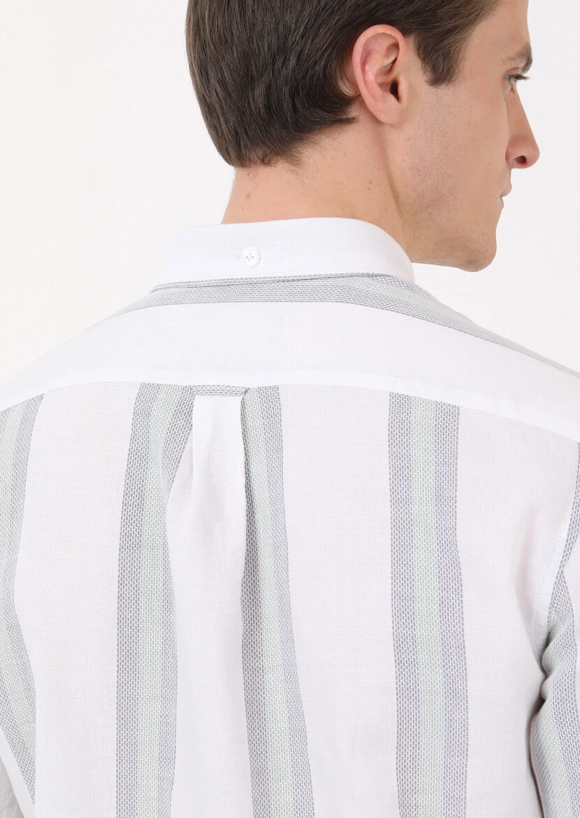 Green Striped Regular Fit Weaving Casual 100% Cotton Shirt - 4