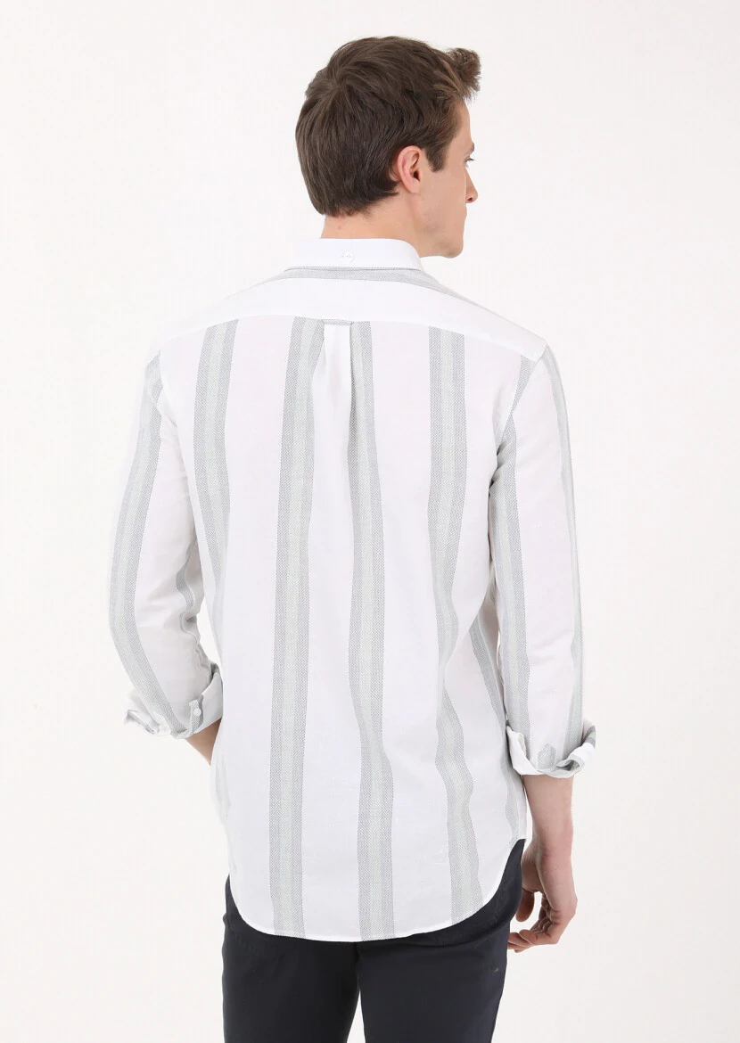 Green Striped Regular Fit Weaving Casual 100% Cotton Shirt - 5