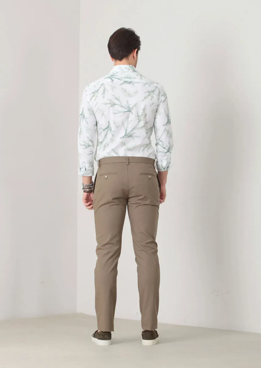 Green Weaving Slim Fit Casual Cotton Blended Trousers - 4