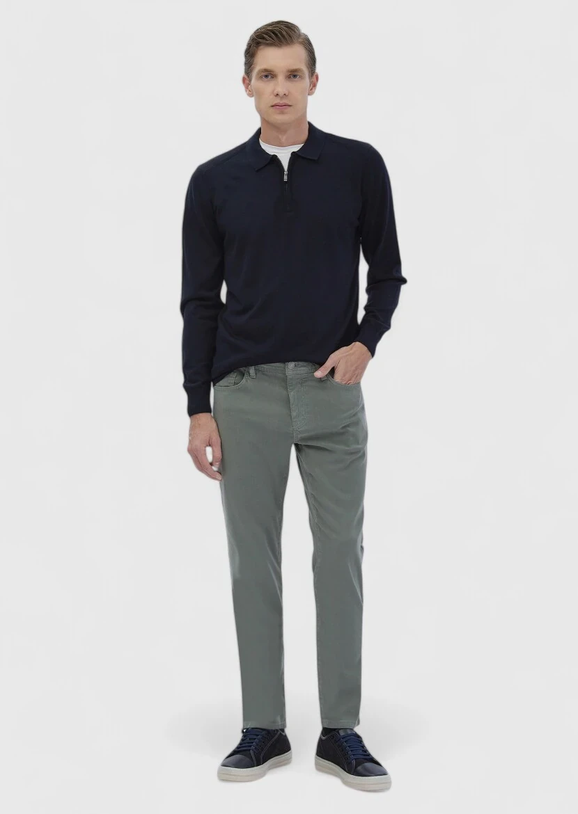 Green Weaving Slim Fit Casual Cotton Blended Trousers - RAMSEY