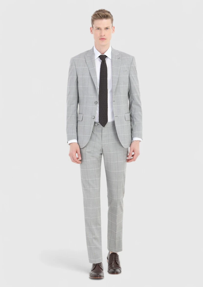 Grey Checkered Modern Fit Wool Blended Suit - 1