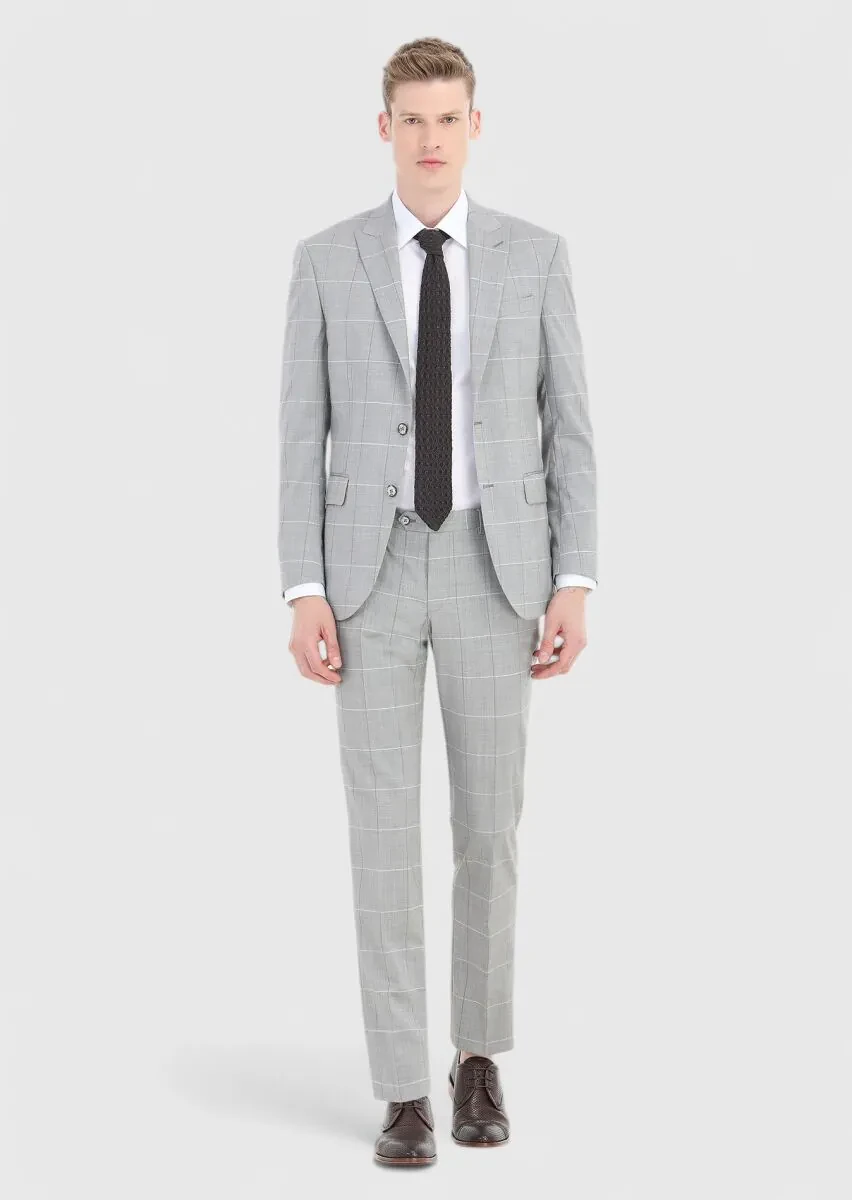 Grey Checkered Modern Fit Wool Blended Suit - 1