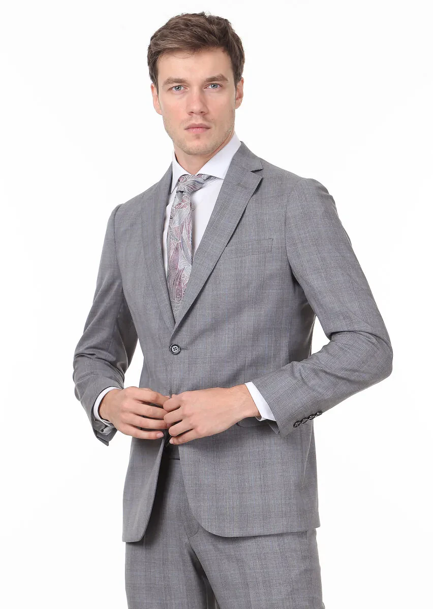 Grey Checkered Regular Fit 100% Wool Suit - 1