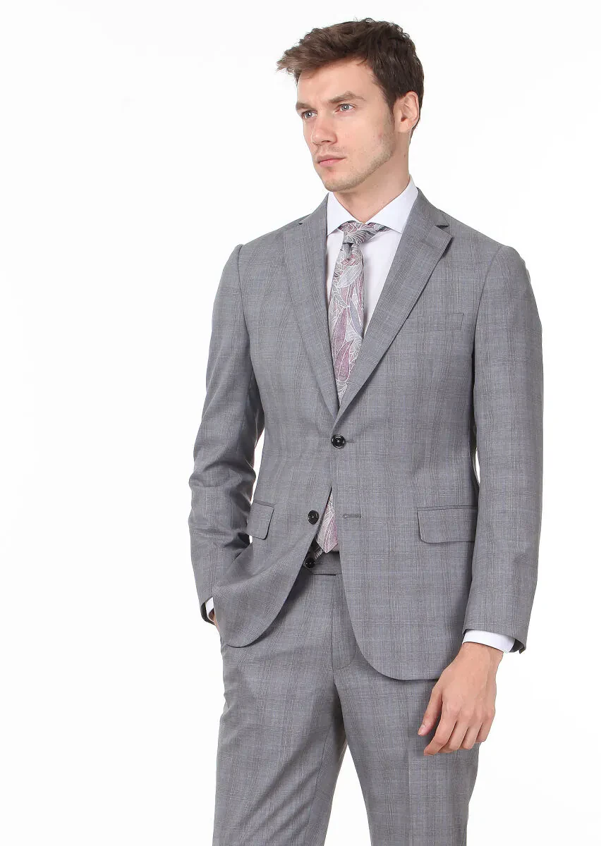 Grey Checkered Regular Fit 100% Wool Suit - 3