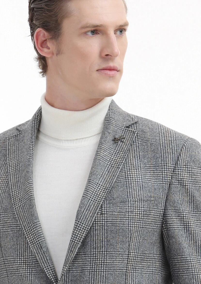 Grey Checkered Zeroweight Slim Fit 100% Wool Jacket - 3