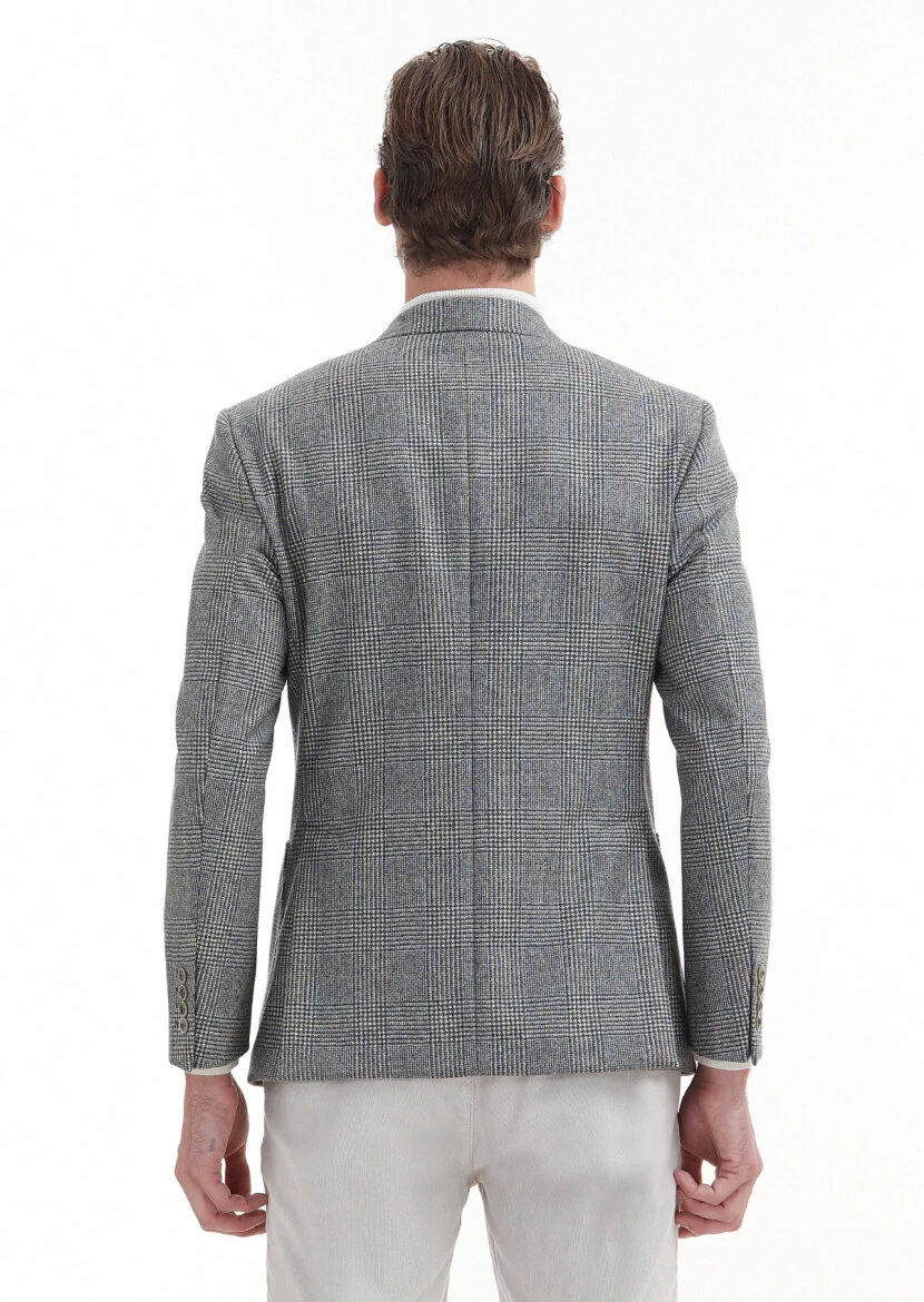 Grey Checkered Zeroweight Slim Fit 100% Wool Jacket - 5