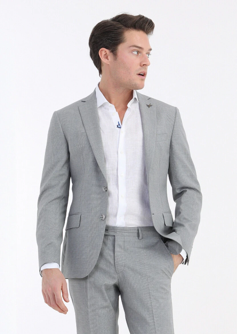 Grey Checkered Zeroweight Slim Fit 100% Wool Suit - 2