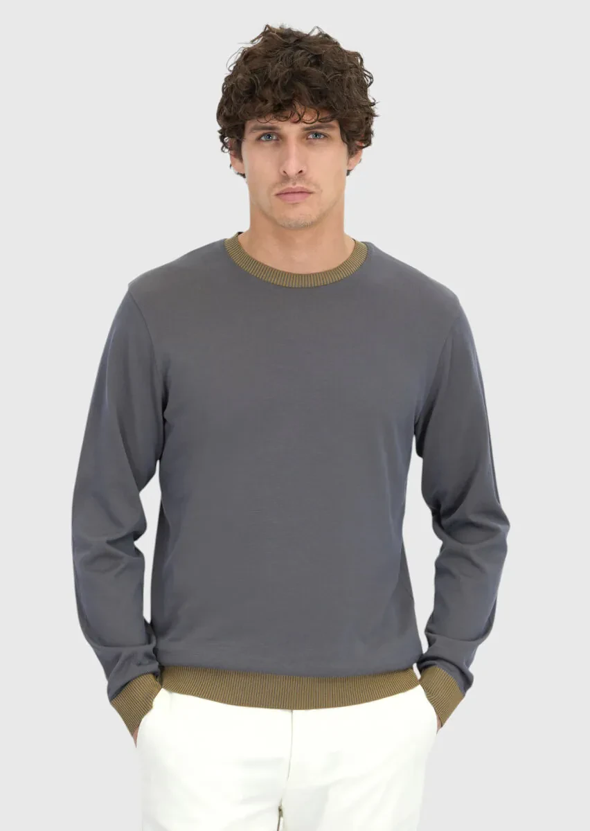 Grey Crew Neck Plain Sweatshirt - 1