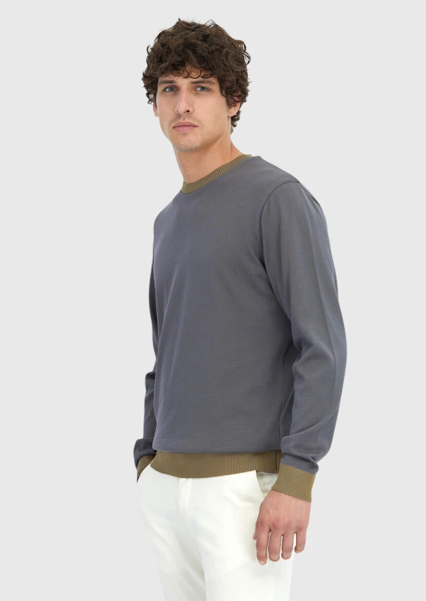 Grey Crew Neck Plain Sweatshirt - 4