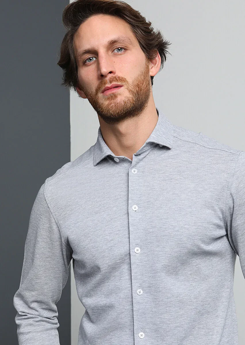 Grey Fitted Fit Knitting Casual 100% Cotton Shirt - 1