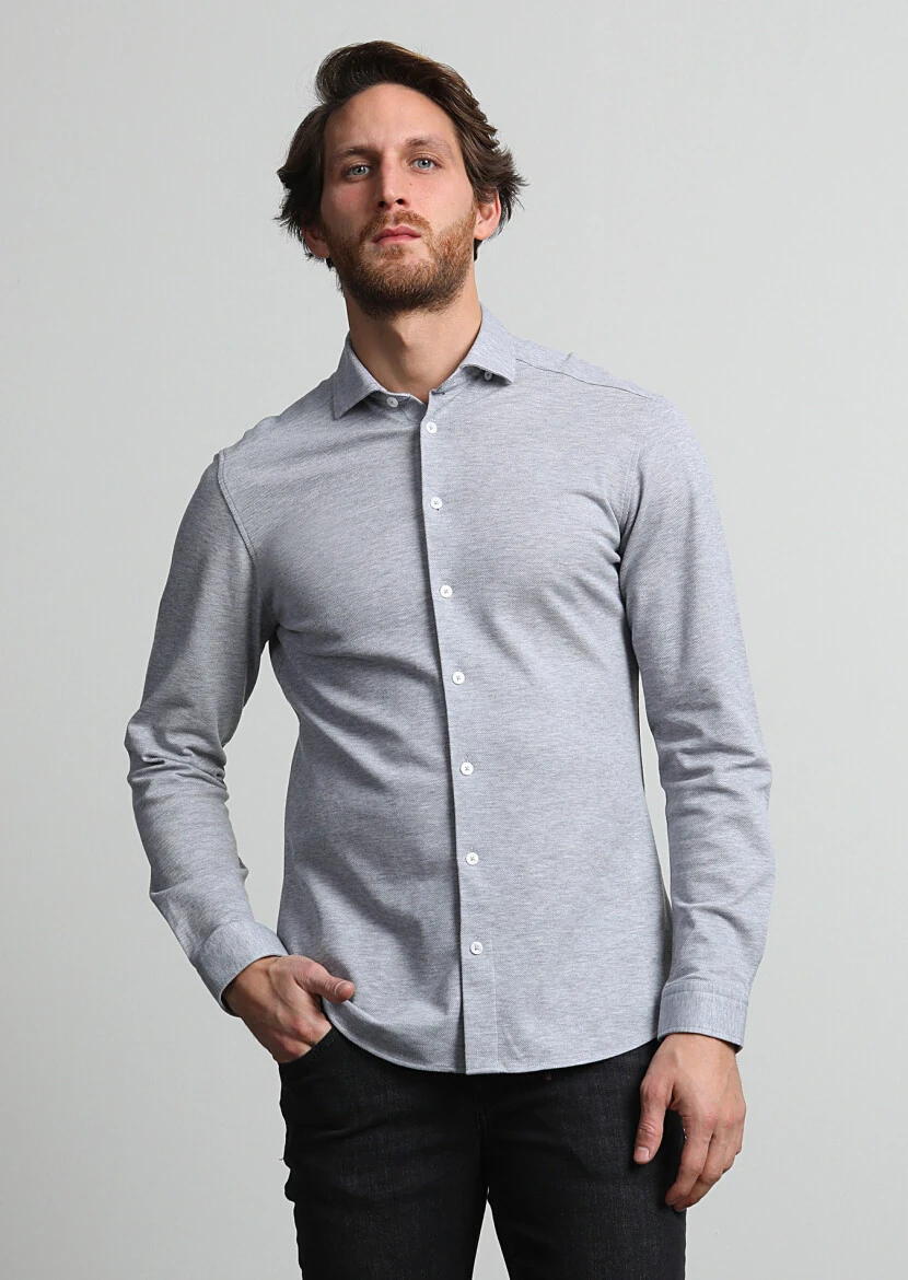 Grey Fitted Fit Knitting Casual 100% Cotton Shirt 