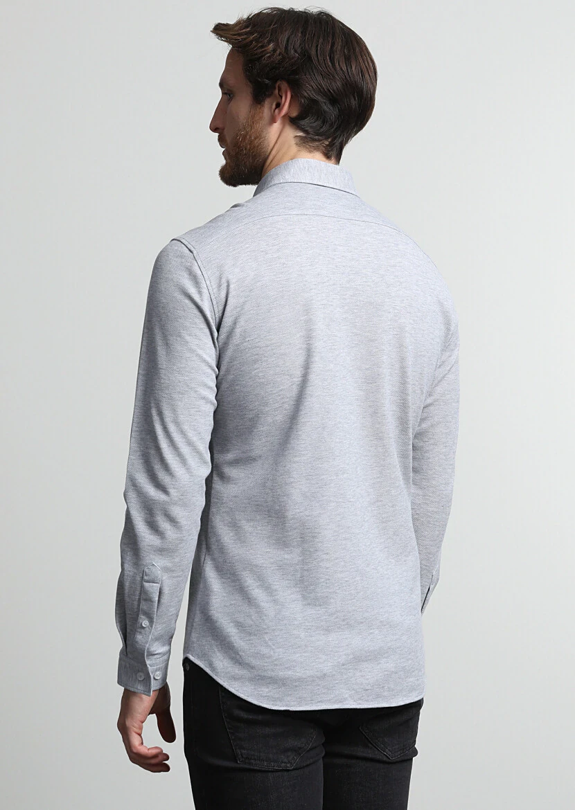 Grey Fitted Fit Knitting Casual 100% Cotton Shirt - 4