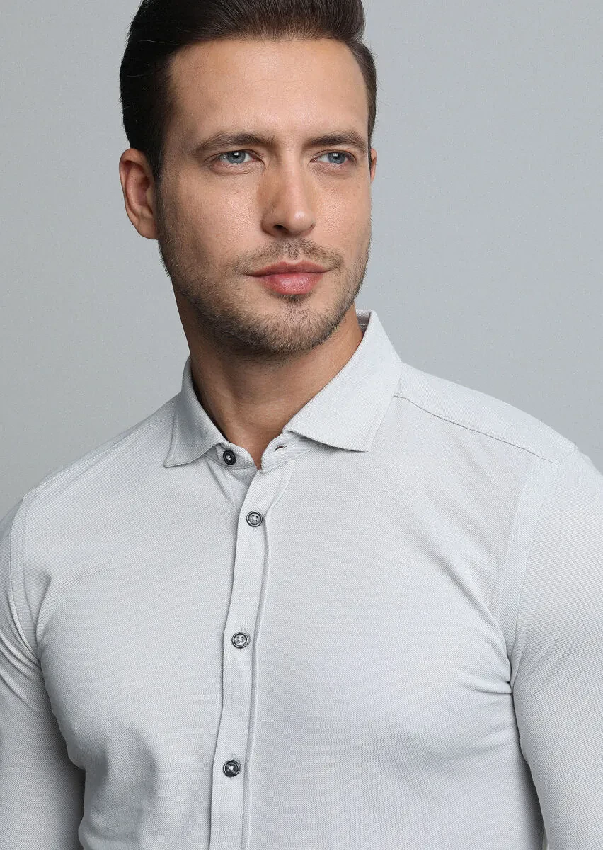 Grey Fitted Fit Knitting Casual Cotton Blended Shirt - 2