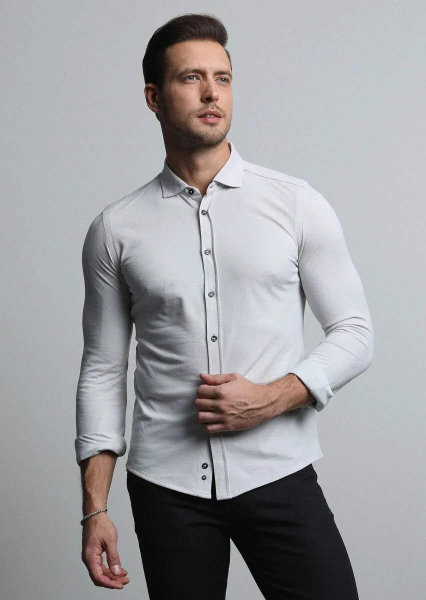 Grey Fitted Fit Knitting Casual Cotton Blended Shirt - 3