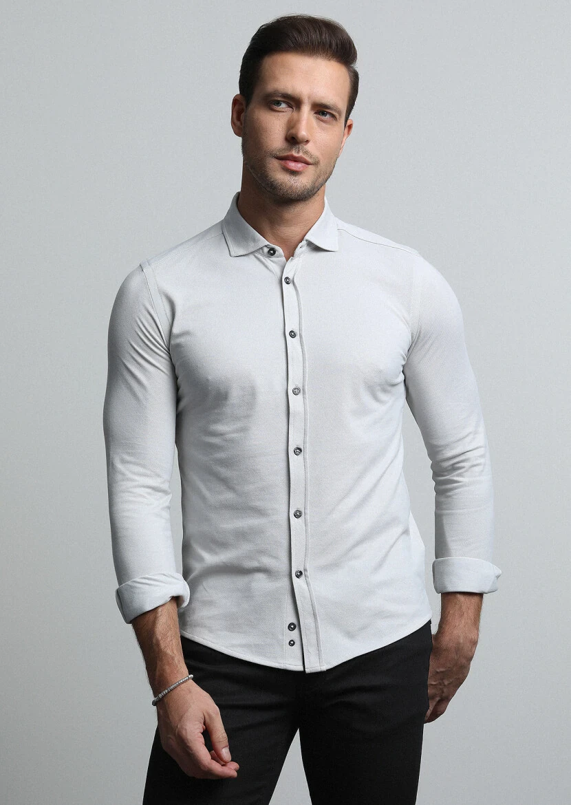 Grey Fitted Fit Knitting Casual Cotton Blended Shirt - 4