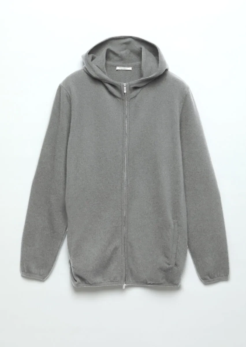 Grey Hooded Plain Knitting 100% Wool Cardigan - 7