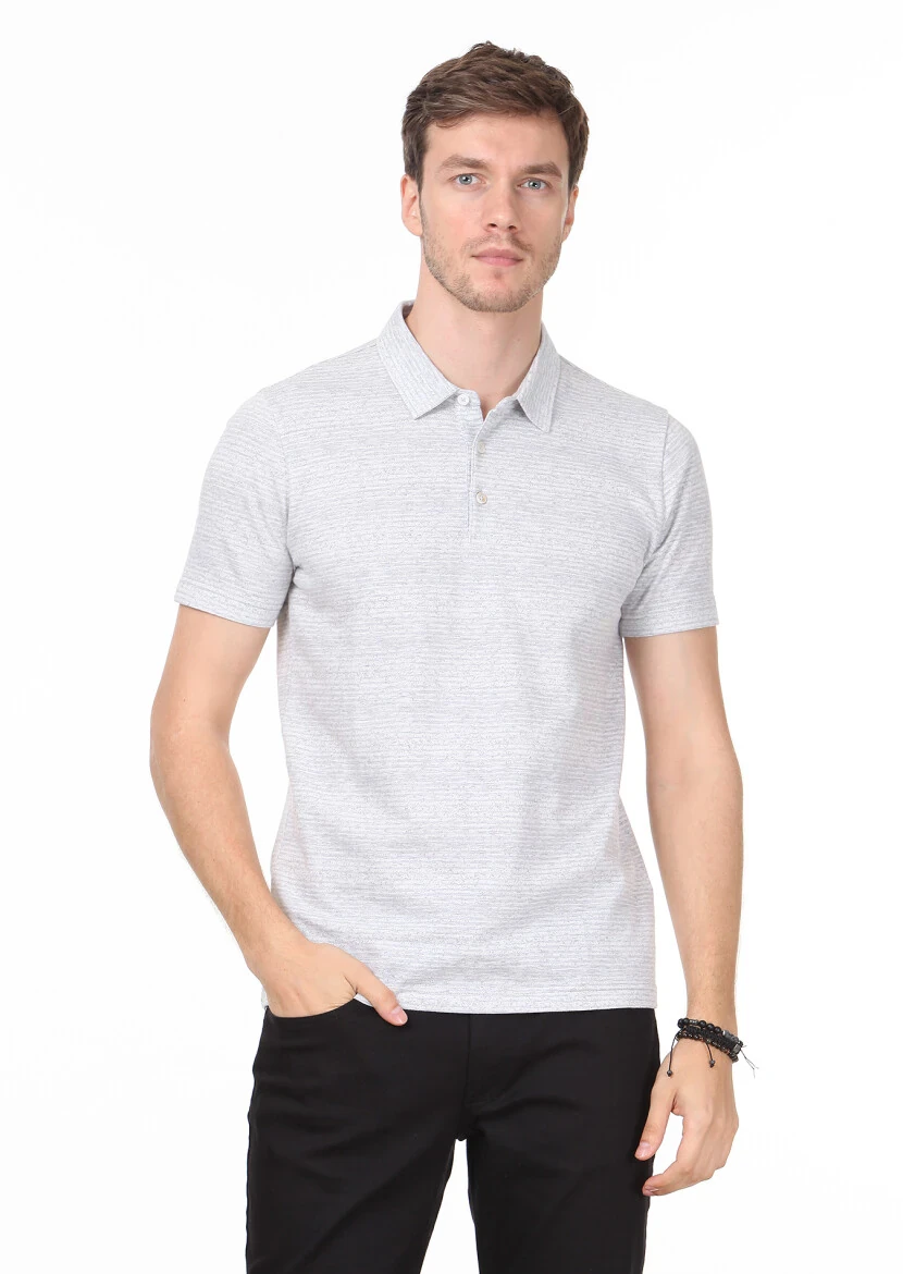 Grey Jacquard Polo Neck 100% Cotton T-Shirt - 1